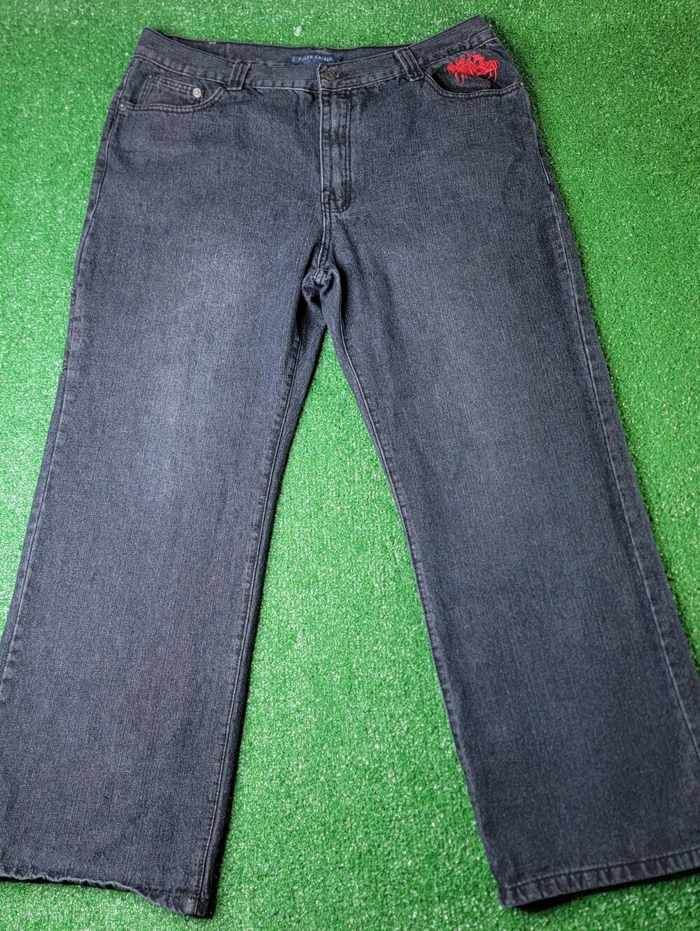Vintage Y2K LRL Lauren Jeans Co Men's Embroidered Dark Denim Blue Jeans 42x32